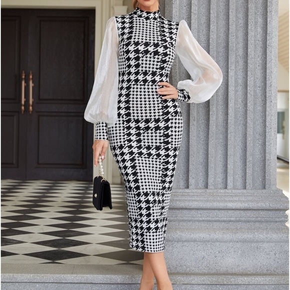 Elegant Classic Houndstooth Mesh Puff Long Sleeve Slit Back Bodycon Pencil Dress - Picture 4 of 10